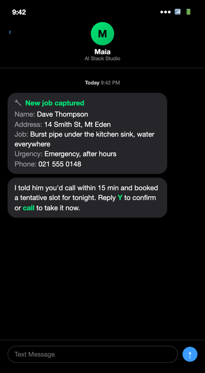 The job-details text Maia sends 60 seconds after every call